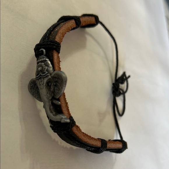 Jewelry - Black Brown Leather Bracelet Adjustable Elephant Charm Bohemian Rustic Unisex